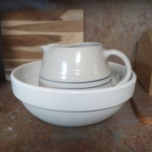 Hold on vintage milk bowl with blue ring around it and bass